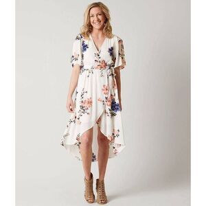 Daytrip Size S Chambray Cabernet Floral Hi- Low Wrap Dress
